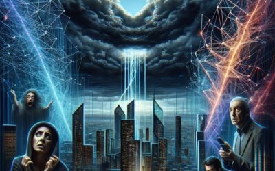 A futuristic city plunged into darkness, with glowing network lines broken and fragmented. People are shown confused and isolated, trying and failing to use their digital devices. The sky is dark with storm clouds, symbolizing chaos and uncertainty. The image is styled with elements of digital realism and cyberpunk, featuring neon colors highlighting the broken network lines.