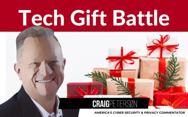 Graphic featuring the headline 'Tech Gift Battle' with a smiling man beside a display of wrapped Christmas presents. The image promotes discussions on choosing the right tech gifts.