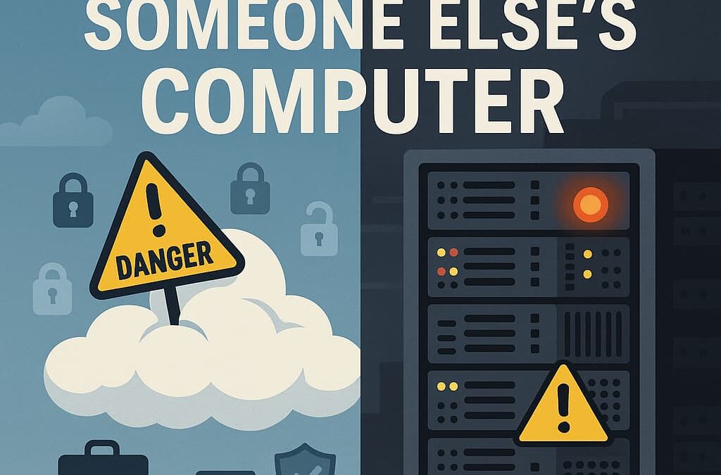 Computer servers behind cloud icon with warning signs highlighting that cloud storage is just someone else's computer requiring proper security measures