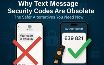 Smartphone showing insecure SMS security code compared to safer authentication alternatives like security keys and authenticator apps