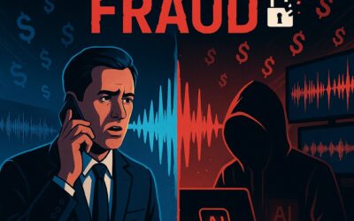 Alt text: Illustration showing voice cloning fraud in action - a business person speaking on phone on left side while a hooded cybercriminal on right side uses computer screens displaying sound waveforms to steal and replicate their voice, with dollar signs flowing from victim to hacker and the text VOICE CLONING FRAUD prominently displayed