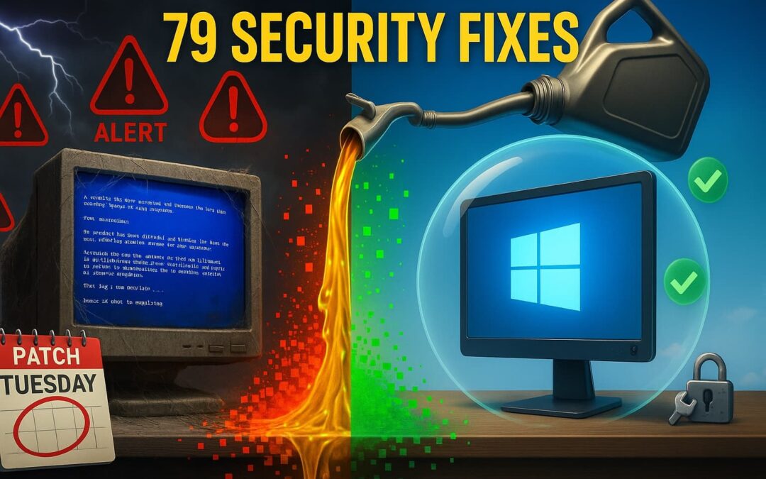 Illustration comparing an unpatched Windows computer on the left showing security vulnerabilities and system errors, with a fully updated and protected Windows computer on the right displaying security shields and checkmarks. A golden oil can in the center pours digital oil representing Windows updates, transforming red warning signals into green secure indicators. Text overlay reads "79 Security Fixes" with "Patch Tuesday" calendar visible, symbolizing the importance of regular Windows updates for cybersecurity protection in September 2025.