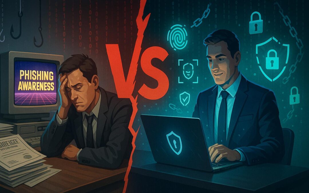 Split-screen office scene: left shows a frustrated worker at a CRT labeled “PHISHING AWARENESS” amid dusty certificates and red code rain; right shows a confident pro on a modern laptop with glowing shields, biometrics, holographic locks, and broken phishing hooks, divided by a bold red “VS.”