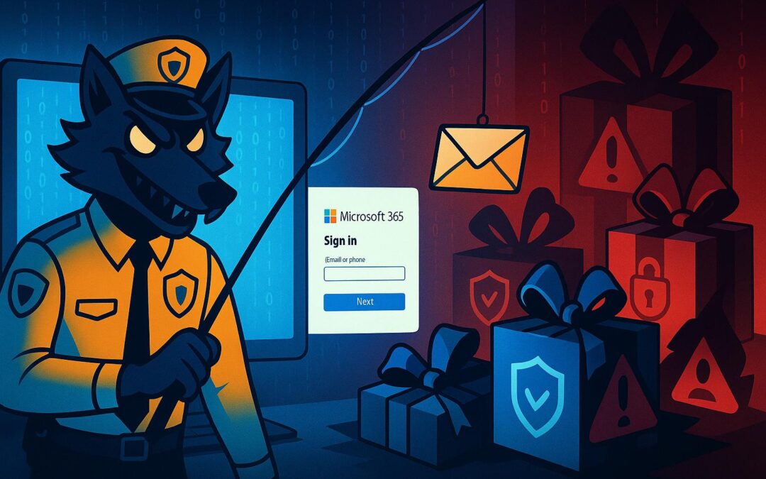 Illustration of a disguised cybercriminal in a security guard uniform holding a fishing rod with an email envelope as bait, standing before a Microsoft 365 login screen with wrapped gift boxes revealing hidden dangers