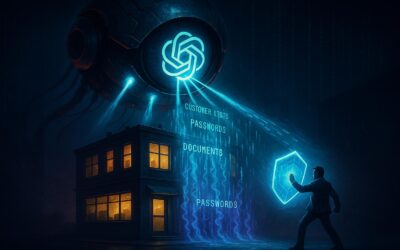 A giant robotic eye with the ChatGPT logo scans a small office at night, beams exposing “customer lists, passwords, documents” as a shop owner blocks with a glowing shield.