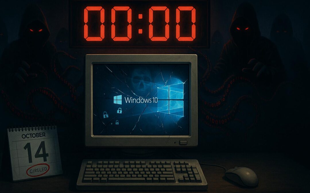 Vintage Windows 10 computer with cracked screen showing the Windows logo, red countdown timer reading “00:00” above it, and hooded hacker figures with glowing red eyes in the background. A calendar on the desk shows October 14 circled in red, symbolizing Windows 10’s end of support and rising cybersecurity threats.