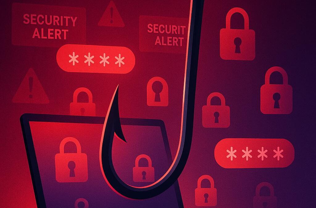 A large phishing hook emerges from a laptop screen, surrounded by floating padlock icons, password symbols, and red “SECURITY ALERT” warnings against a dark red and purple digital background.
