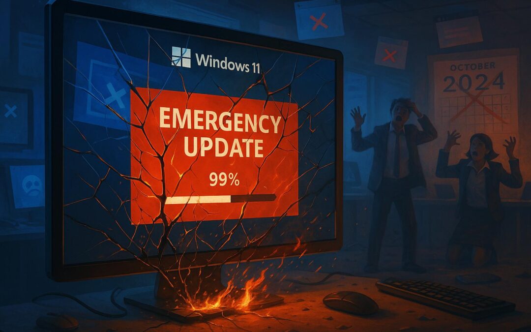 A cracked Windows 11 computer screen shows a red “EMERGENCY UPDATE” alert stuck at 99%, with sparks and flames emerging from the monitor. In the background, panicked office workers react in despair as error popups float around and a calendar marked “October 2024” hangs on the wall with a red X through it.