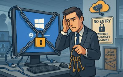 Frustrated businessperson in a suit holds old keys before a chained Windows 11 login screen. Office PCs show locked screens. Signs read “No Entry Without Microsoft Account”; a boarded “Local Account” door. Cloud as camera; ethernet cables as restraints; shadowy hacker silhouettes.